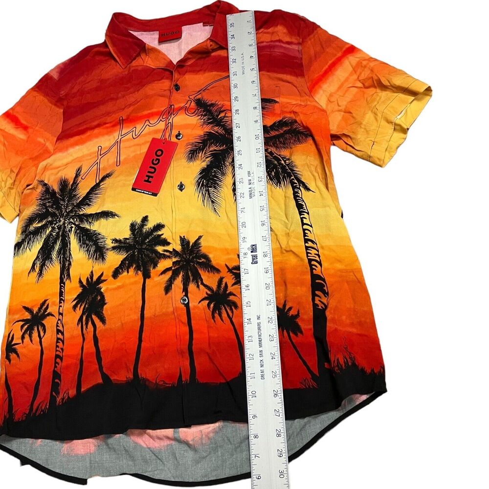 HUGO BOSS SHIRT MENS XL RED ELLINO HAWAIIAN SUNSET PALM TREES TROPICAL YELLOW - Picture 2 of 9